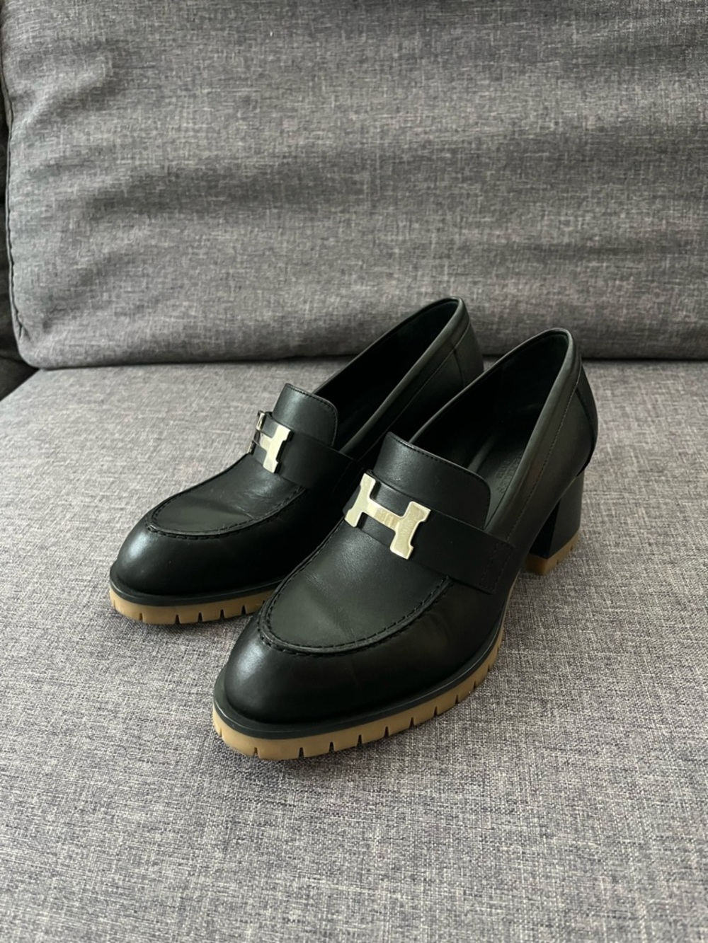 Hermes Black Leather Block Heel Loafers with Silver H logo